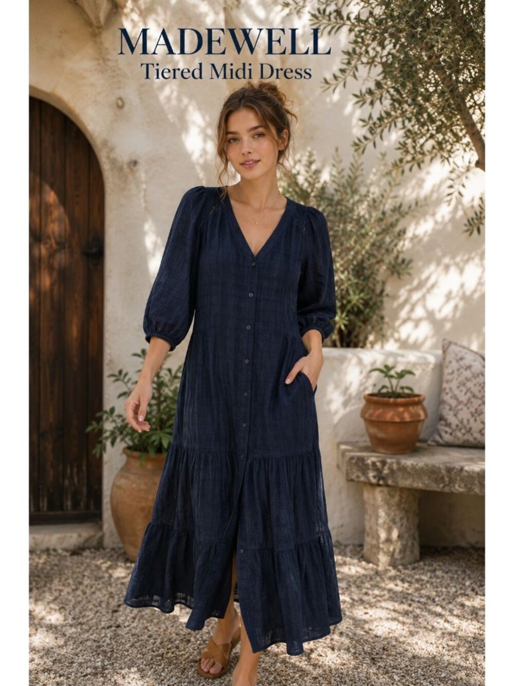 Madewell Women's Navy Blue Windowpane Check Tiered Midi Dress 4